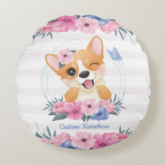 Almofada Redonda Cachorro Corgi Fofo Coroa de Flores Borboleta Azul