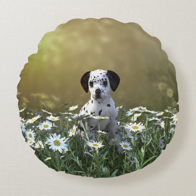 Almofada Redonda Cachorro Dalmaciano em Daisies (Frente)