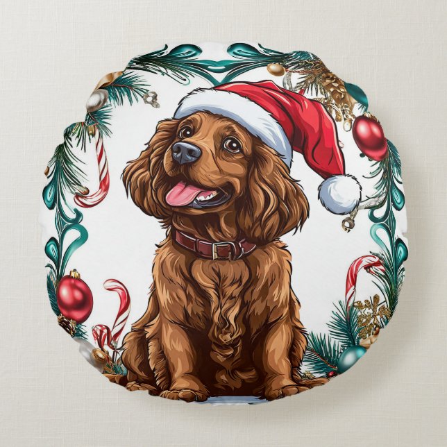 Almofada Redonda Cachorro de Natal fofo (Frente)