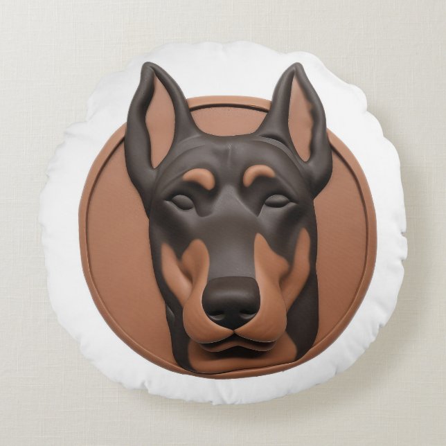 Almofada Redonda Cachorro Doberman Inspirado em 3D (Frente)