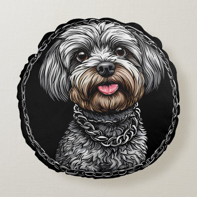 Almofada Redonda Cachorro em um Design Artístico (Frente)