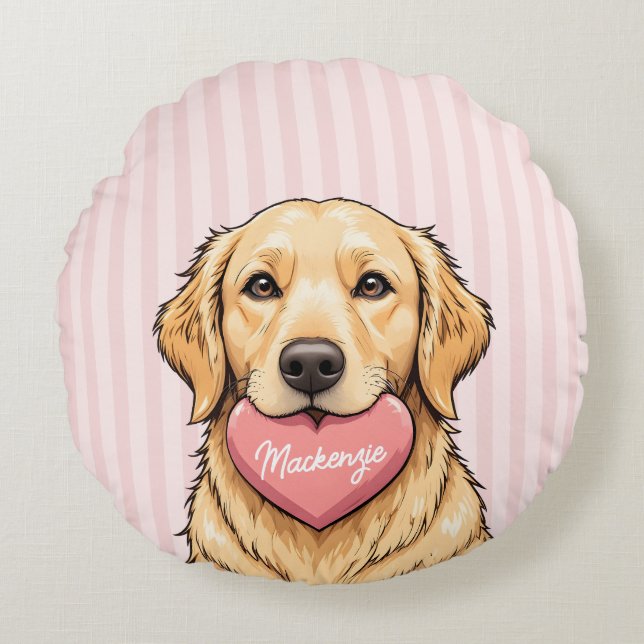 Almofada Redonda Cachorro Fofo Personalizado com Coração Rosa (Frente)