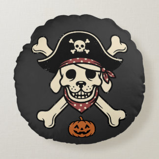 Almofada Redonda Cachorro Pirata Vintage Halloween Crânio Ossos Cru