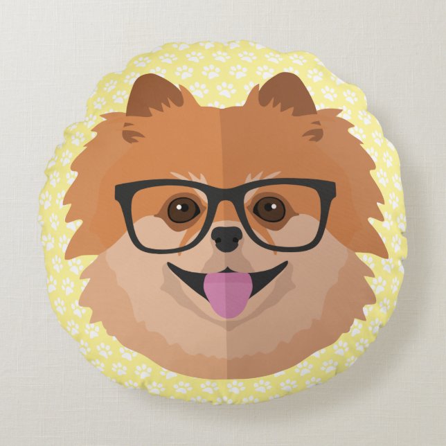 Almofada Redonda Cachorro Pomerano Em Óculos De Nerd | Presente de  (Frente)