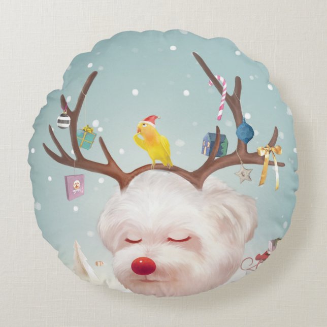 Almofada Redonda Cachorro-Rebelde com Enfeites de natal (Frente)