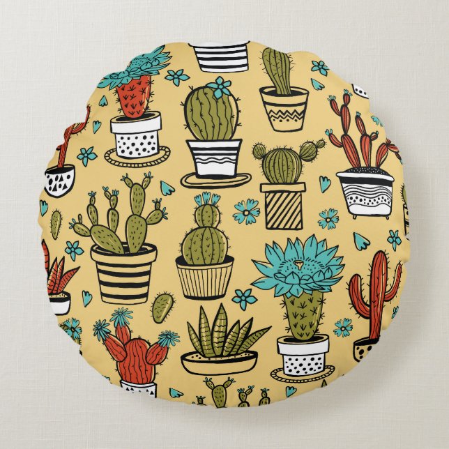 Almofada Redonda Cactus Succulent: desenho desenhado à mão (Frente)