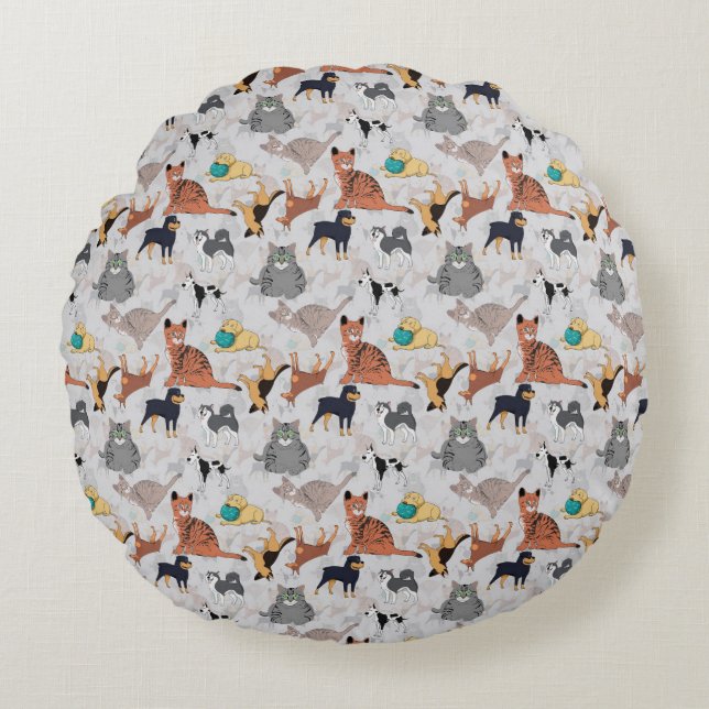 Almofada Redonda Cães E Gatos, Design (Frente)