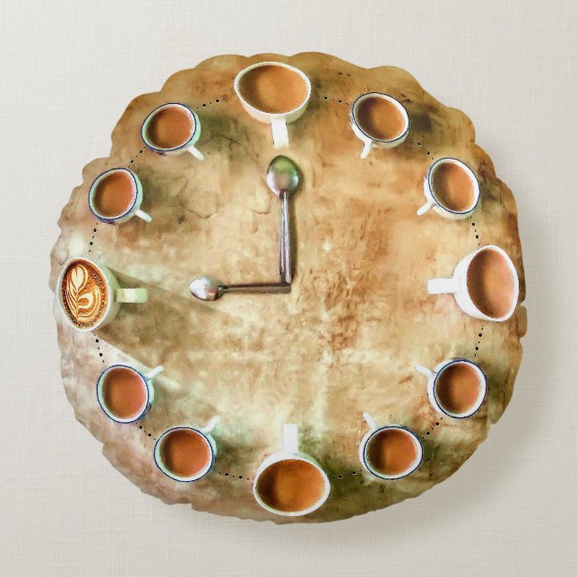 Almofada Redonda Café café hora relógio marrom rústico (Frente)