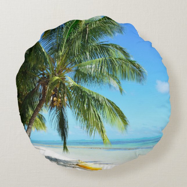 Almofada Redonda Caiaque amarelo em um travesseiro redondo da praia (Verso)