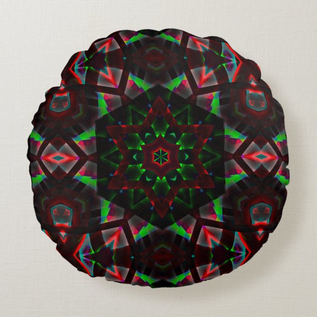 Almofada Redonda caleidoscópio com gradiente hexágono, verde e verm (Frente)