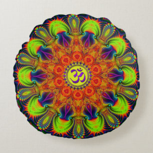 Almofada Redonda Caleidoscópio Fractal Psicodélico Om
