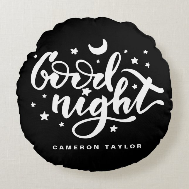 Almofada Redonda Caligrafia Moderna Negra e Branca Boa Noite (Frente)