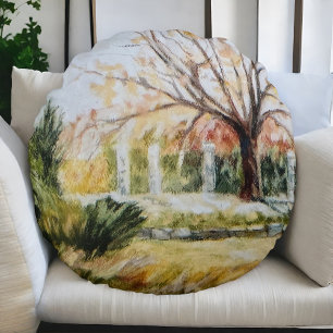 Almofada Redonda Cama pintada à mão aquarela árvores naturais amare