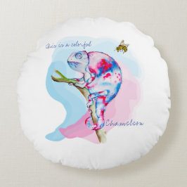 Almofada Redonda Camaleão e abelha coloridos brilhantes.