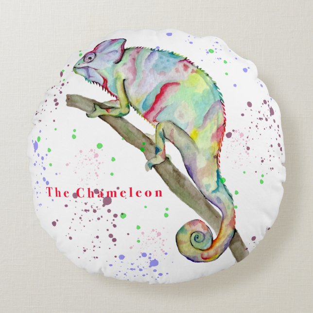 Almofada Redonda Camaleão engraçado de aquarela (Frente)