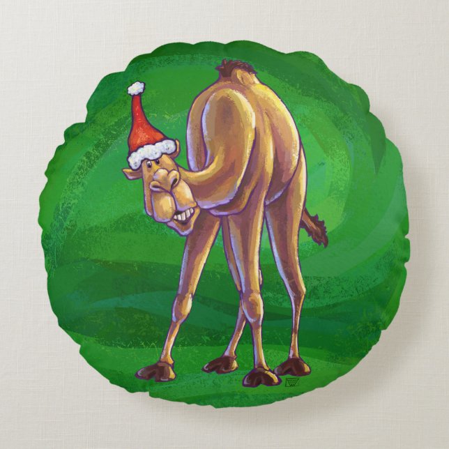 Almofada Redonda Camel Christmas on Green (Frente)