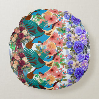 Almofada Redonda camisa com estampa de beija-flor, rosa azul 
