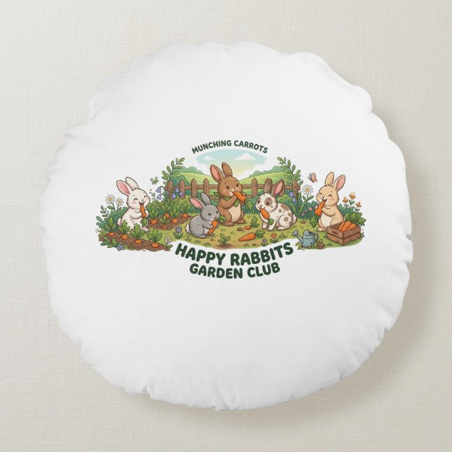 Almofada Redonda Camiseta do Clube de Jardim dos Coelhos Felizes –  (Frente)