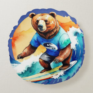 Almofada Redonda Camiseta do urso surfando engraçado