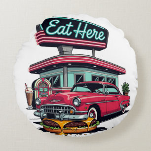Almofada Redonda Camiseta Retro Diner Eat Here Classic Car Burger