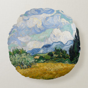 Almofada Redonda Campo de trigo de Van Gogh reversível com cipreste