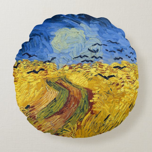 Almofada Redonda Campos de Trigo impressionista de Van Gogh (Frente)