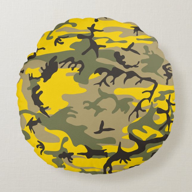 Almofada Redonda Camuflagem Amarela e Verde, Militar, Exército (Frente)