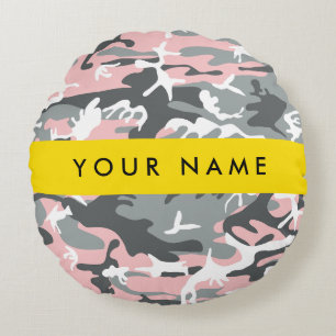 Almofada Redonda Camuflagem rosa e Cinza Seu nome Personaliza