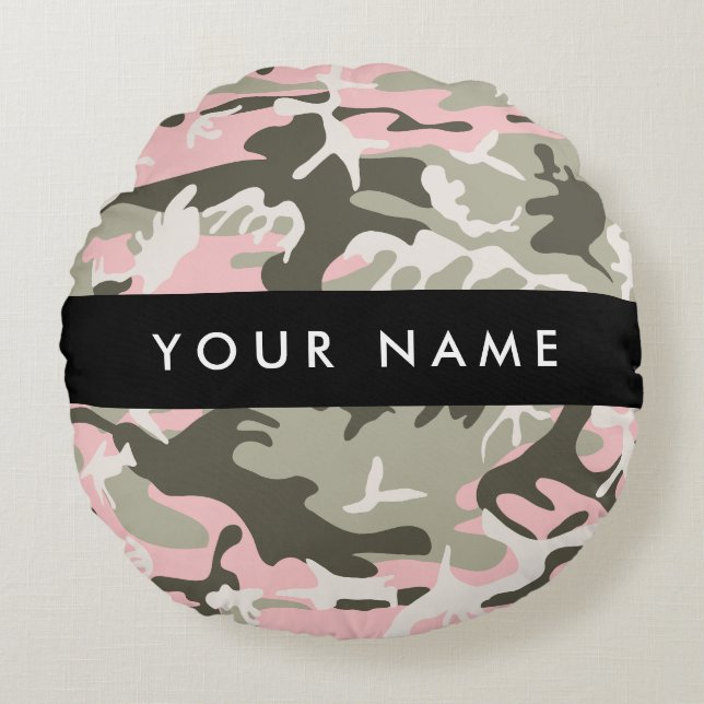 Almofada Redonda Camuflagem Rosa e Verde Personalize seu nome (Frente)