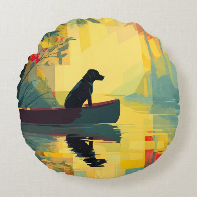 Almofada Redonda Canoa Labrador Preto Minimalista da Natureza (Frente)
