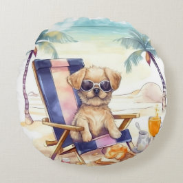 Almofada Redonda CÃO ADORÁVEL DE VERÃO EM Aquarela NA PRAIA