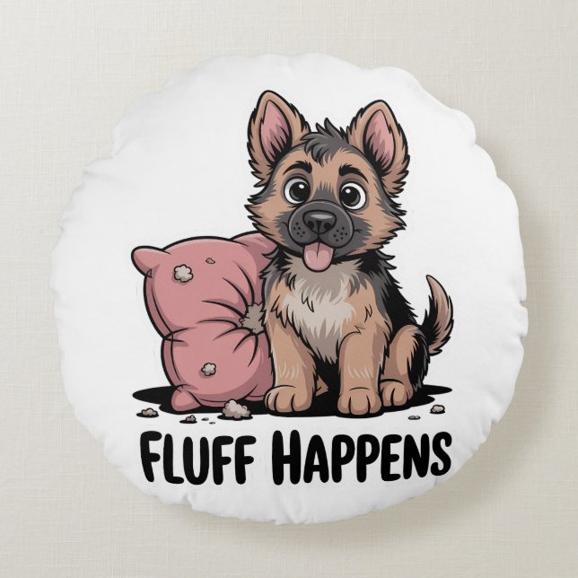 Almofada Redonda Cão Cachorro "Fluff Happens", German shepherd Cach (Frente)