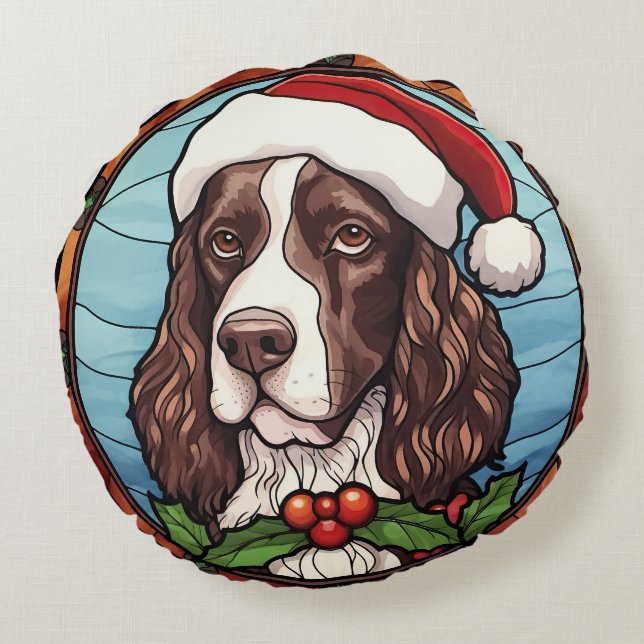 Almofada Redonda Cão de Caça Springer Inglês Vidro Colorido Natal (Verso)