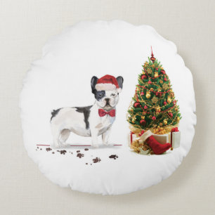 Almofada Redonda Cão de Natal do Buldogue Negro e Branco