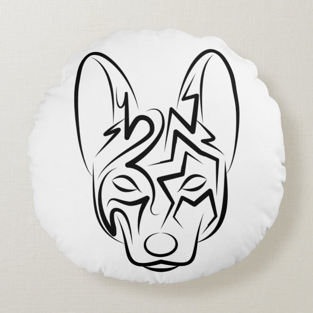Almofada Redonda Cão Negro e Tribal Branco (Frente)