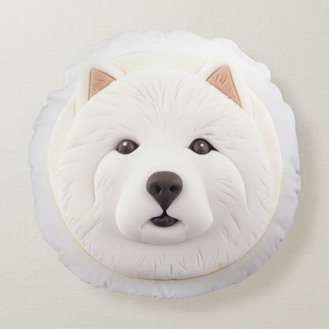 Almofada Redonda Cão Samoyed 3D Inspirado (Frente)