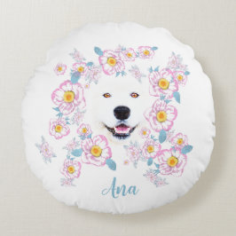 Almofada Redonda Cão Samoyed e flores cor-de-rosa, nome personaliza