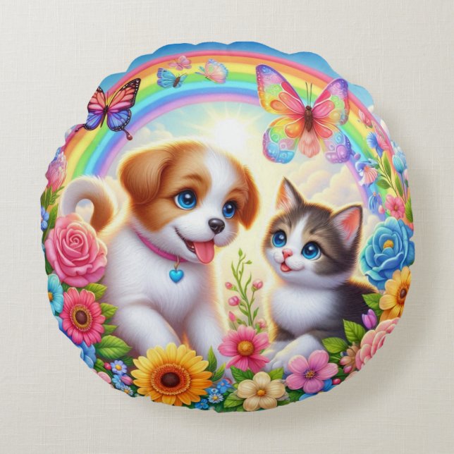 Almofada Redonda Cãozinho/cachimbo/arco-íris de gatinho (Frente)