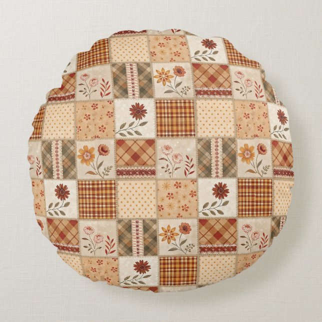 Almofada Redonda Capa de Edredão Floral em Patchwork de Outono &  (Frente)