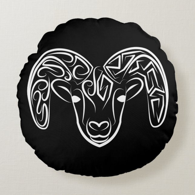 Almofada Redonda Capim/ovelha, tribal, preto e branco (Frente)