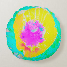 Almofada Redonda Cápsula amarela com centro rosa quente em turquesa