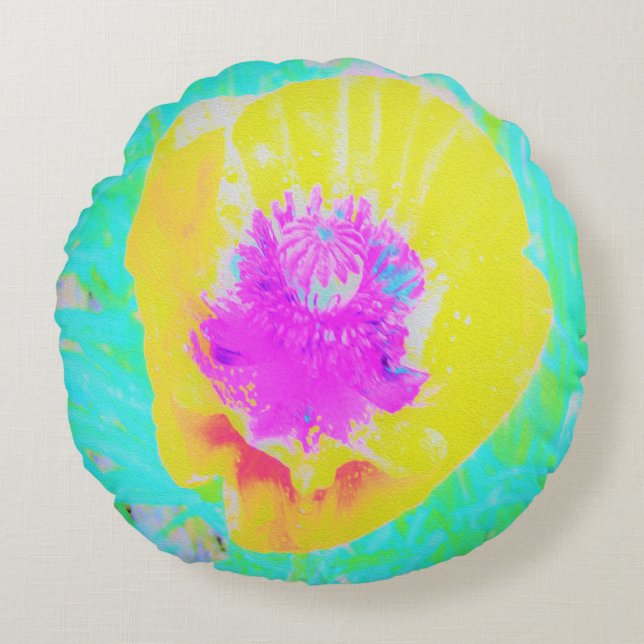 Almofada Redonda Cápsula amarela com centro rosa quente em turquesa (Frente)