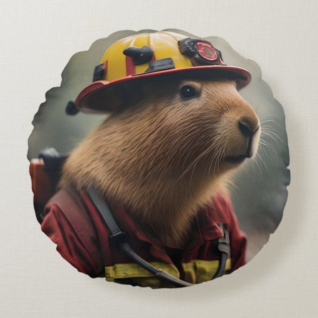Almofada Redonda "Capybara para o resgate: Bombeiro Extraordinair (Frente)