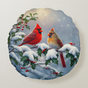 Almofada Redonda Cardeais vermelhos e Holly na neve