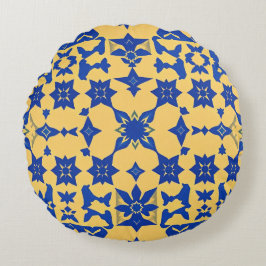 Almofada Redonda Caribbean Blue Gold Tile Motif Pattern Azulejo 