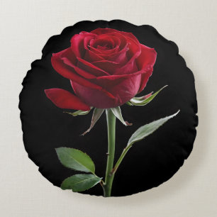 Almofada Redonda Carmesim sobre Ébano: A Rosa Vermelha Única,
