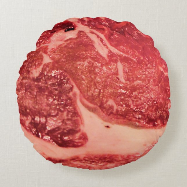 Almofada Redonda Carne Vermelha Crua Premium | Foto Macro de Bife M (Frente)
