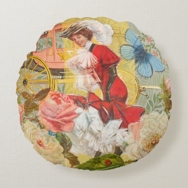 Almofada Redonda Carruagem de diversão da mulher vitoriana (Frente)