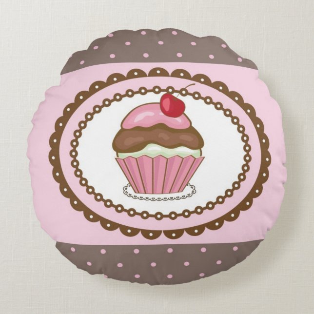 Almofada Redonda Cartão de aniversário com cupcake (Frente)