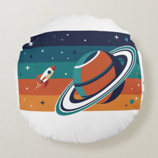 Almofada Redonda Cartaz Retro de Viagem Espacial Planeta Anelado